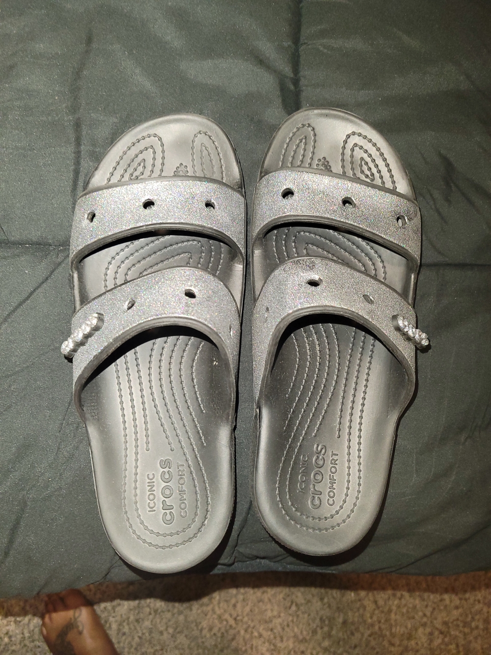 CROCS Silver Glitter Double-Strap Slide Sandals